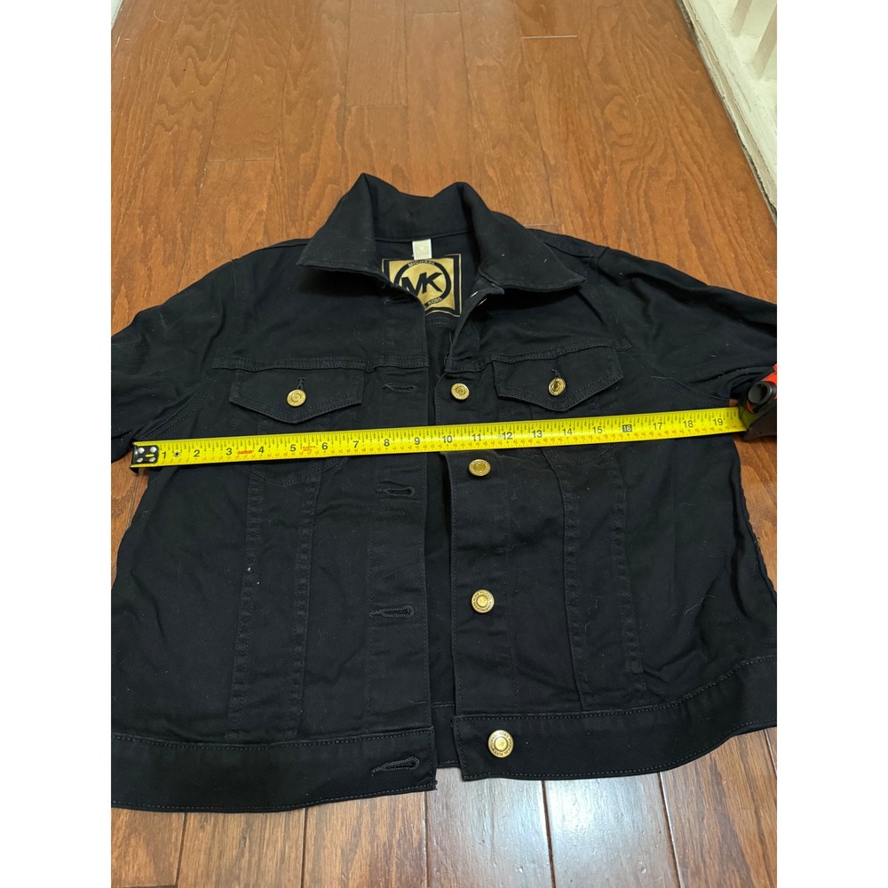 Michael Michael Kors Black Denim Jacket Gold Hardware Trucker MK Logo Womens M - Picture 3 of 5